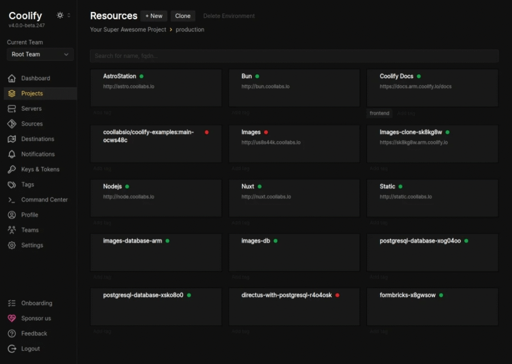 Coolify dashboard for developers managing self-hosted apps