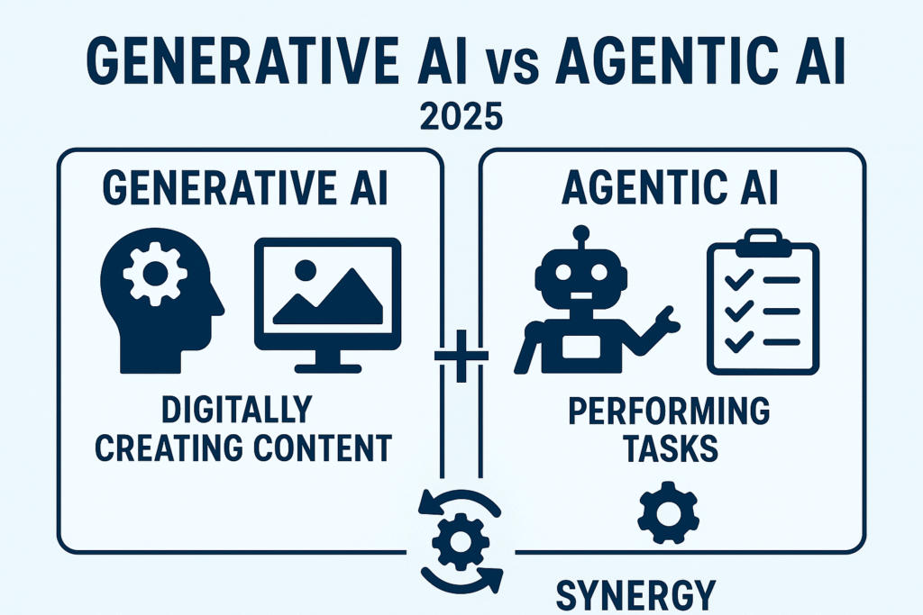 Agentic AI vs Generative AI comparison 2025, illustrating their differences and synergy.