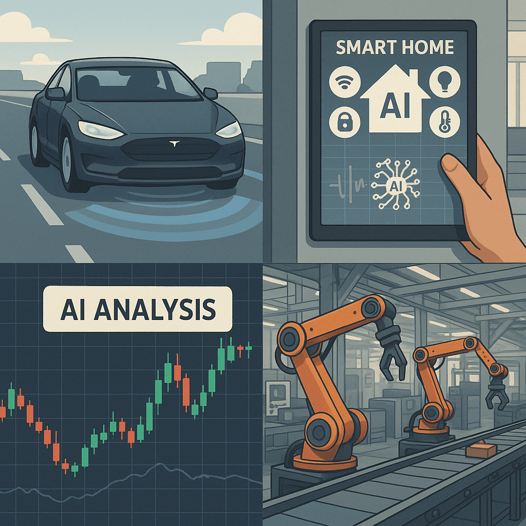 Diverse applications and examples of AI agents in autonomous vehicles, smart homes, finance, and industrial automation.