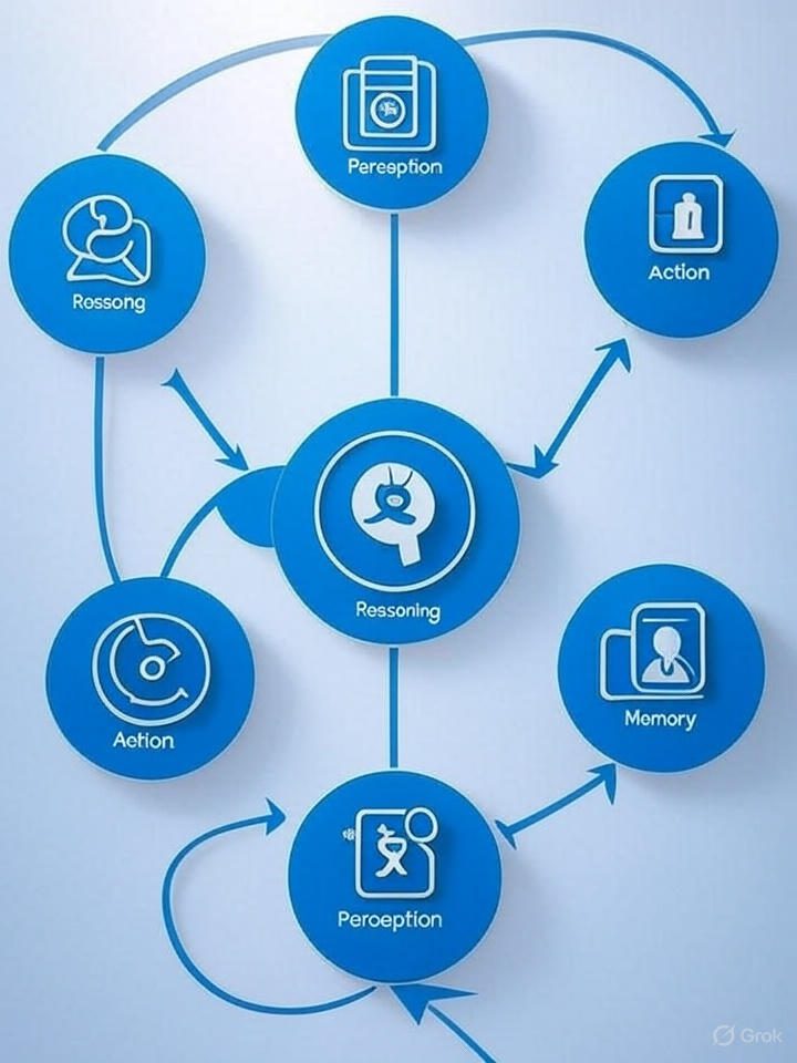 How do AI agents work in 2025, showing Perception, Reasoning, Action, Memory cycle